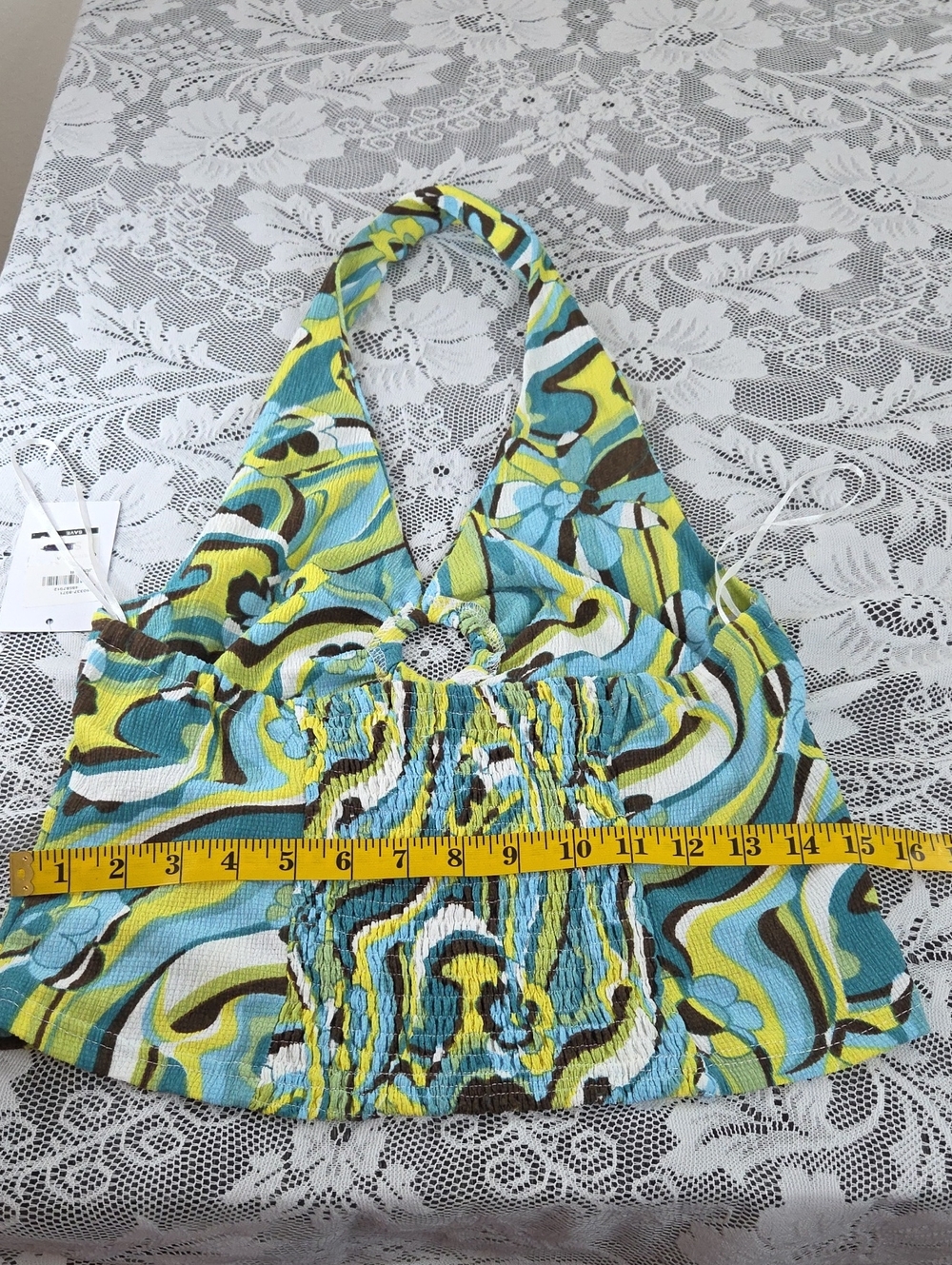 Roommates Halter Crop Top in Blue, Green & Brown Swirl Print NWT